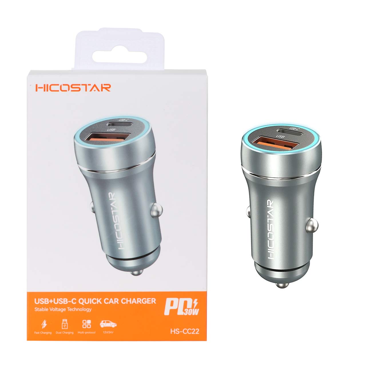 شارژر فندکی 30W فست و PD دو پورت Hicostar مدل - خاکستری