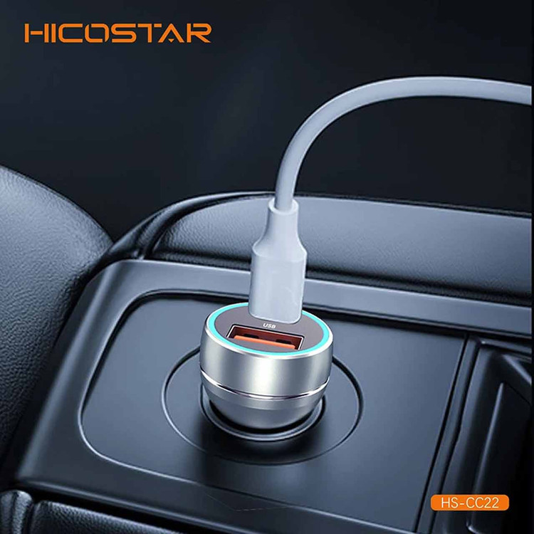 شارژر فندکی 30W فست و PD دو پورت Hicostar مدل - خاکستری