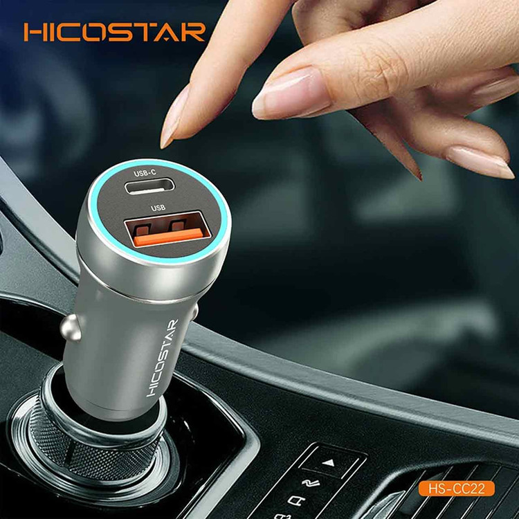 شارژر فندکی 30W فست و PD دو پورت Hicostar مدل - خاکستری
