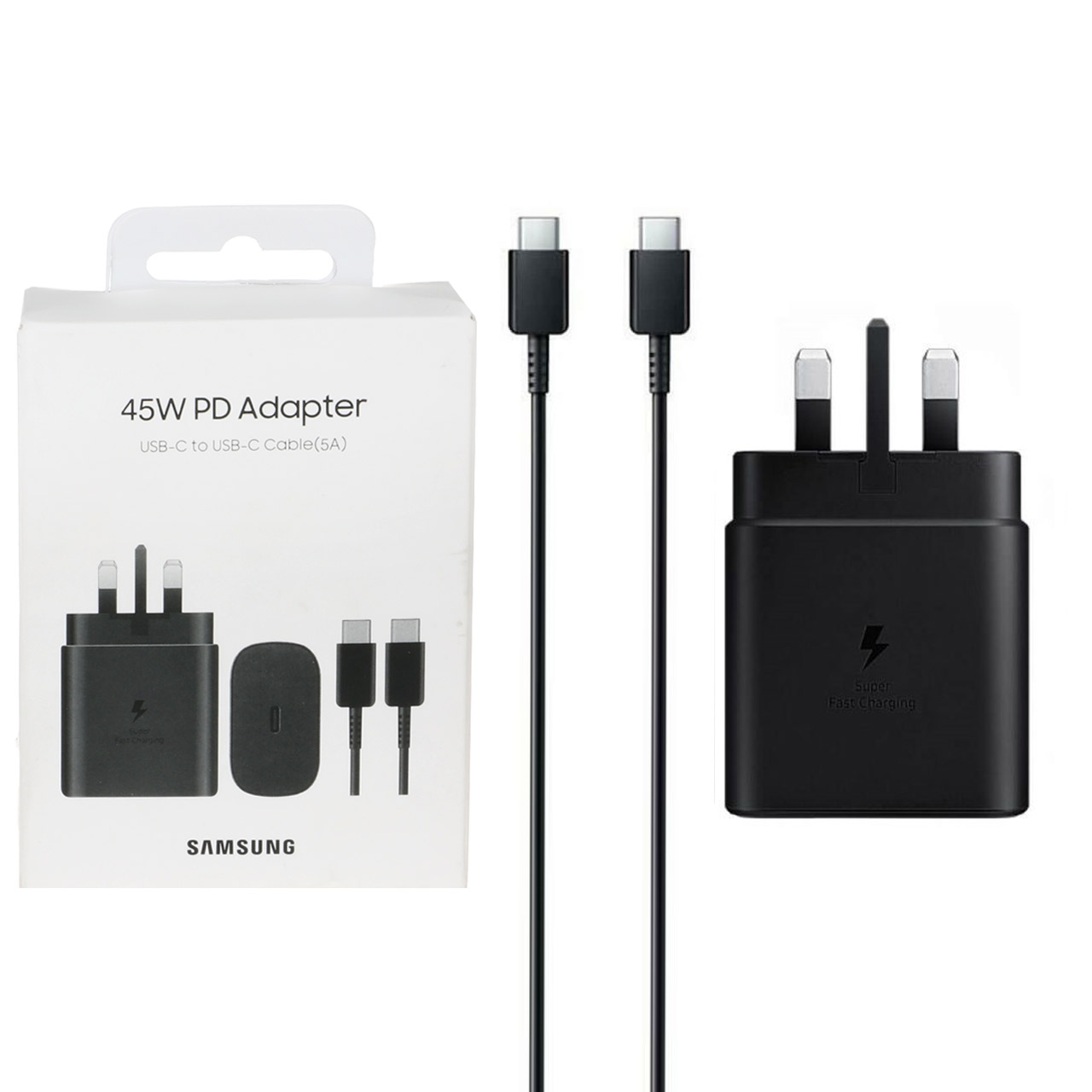 شارژر دیواری سه پین فست و PD تک پورت Samsung Type-C مدل EP-TA845 45W به همراه کابل شارژ Type-C To Type-C - مشکی
