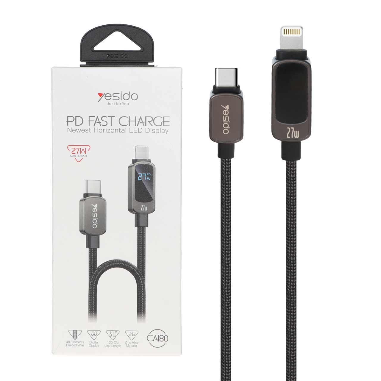 کابل شارژ 1.2 متری فست Yesido Type-C To Lightning دارای نمایشگر LED مدل CA180 27W