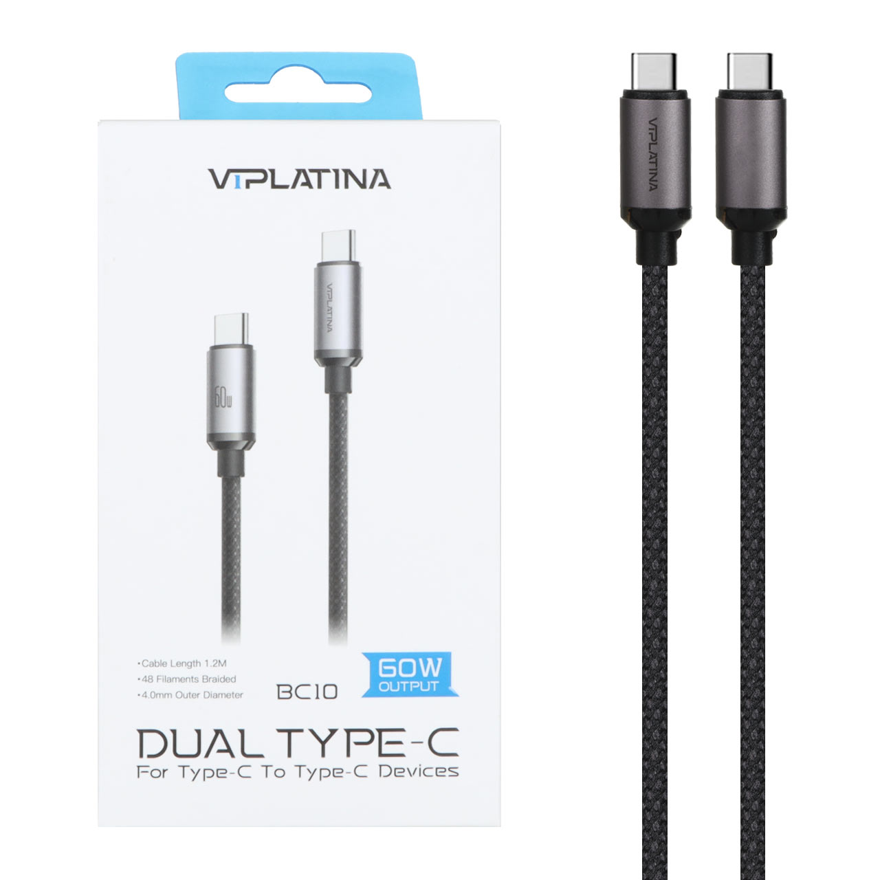 کابل شارژ فست VIPLATINA Type-C To Type-C مدل BC95 60W - مشکی