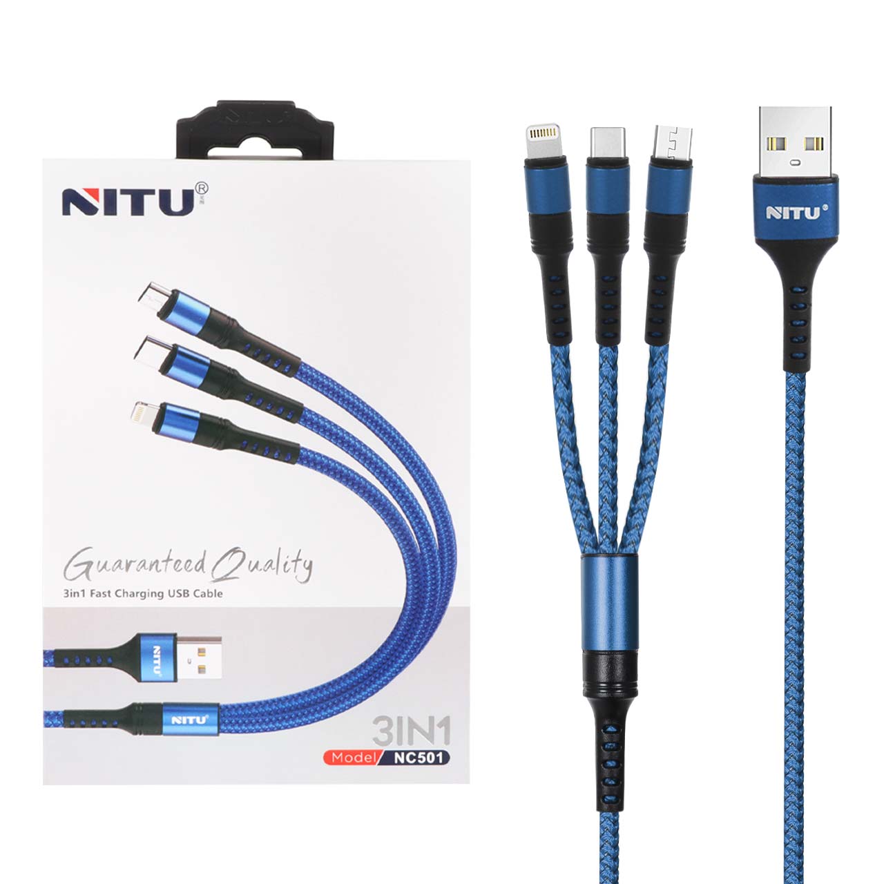 کابل شارژ و دیتا فست کنفی 1.2 متری سه کاره Nitu مدل NC501 - آبی