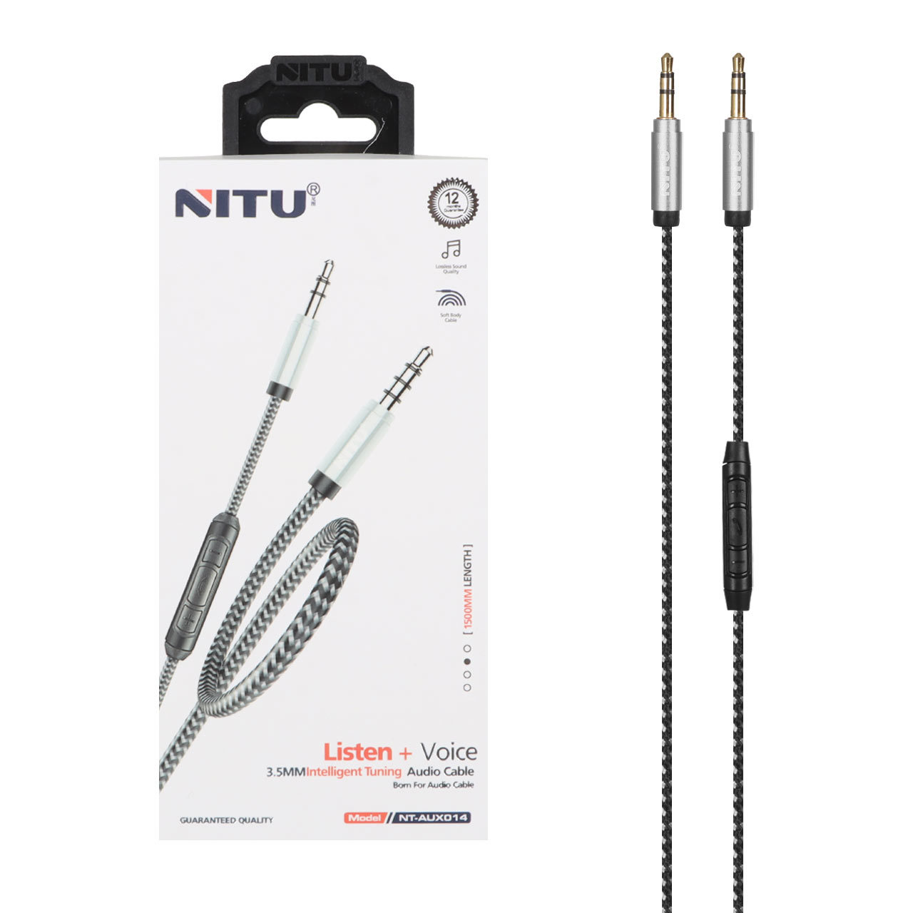کابل صدا 1.5 متری کنفی Nitu Aux دارای کلیدهای کنترلی روی کابل- خاکستری