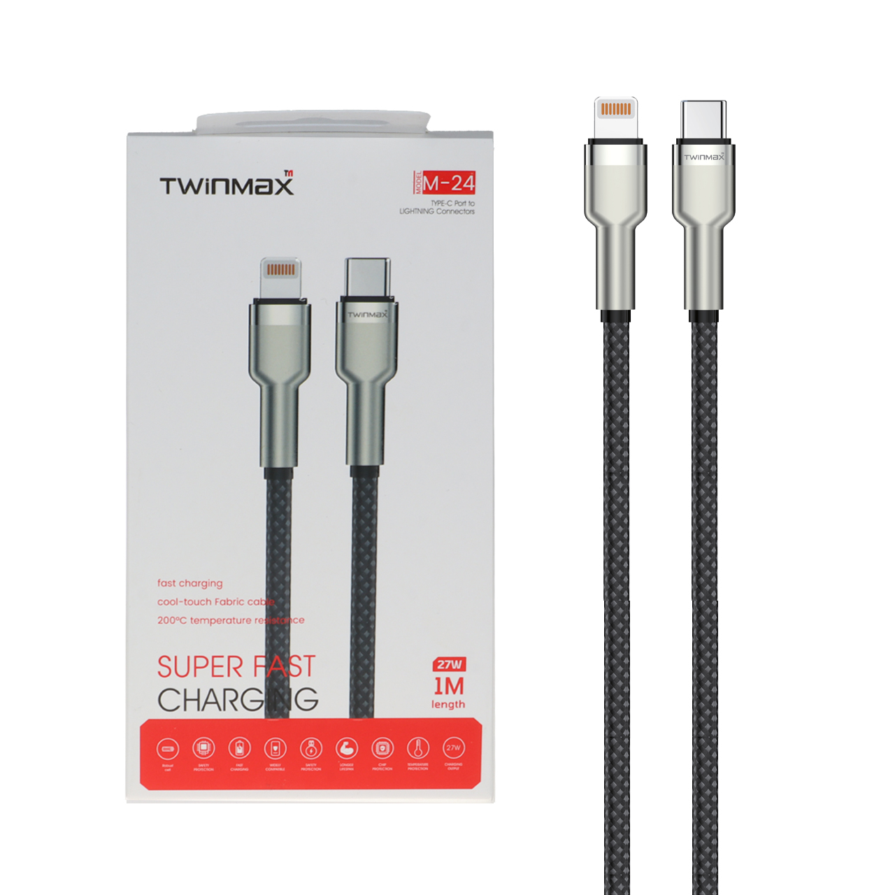 کابل شارژ فست TwinMax Type-C to Lightning مدل M-24 27W - مشکی نقره ای