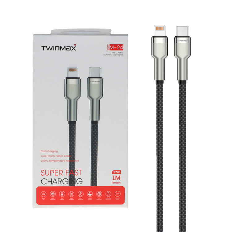 کابل شارژ فست TwinMax Type-C to Lightning مدل M-24 27W - مشکی نقره ای