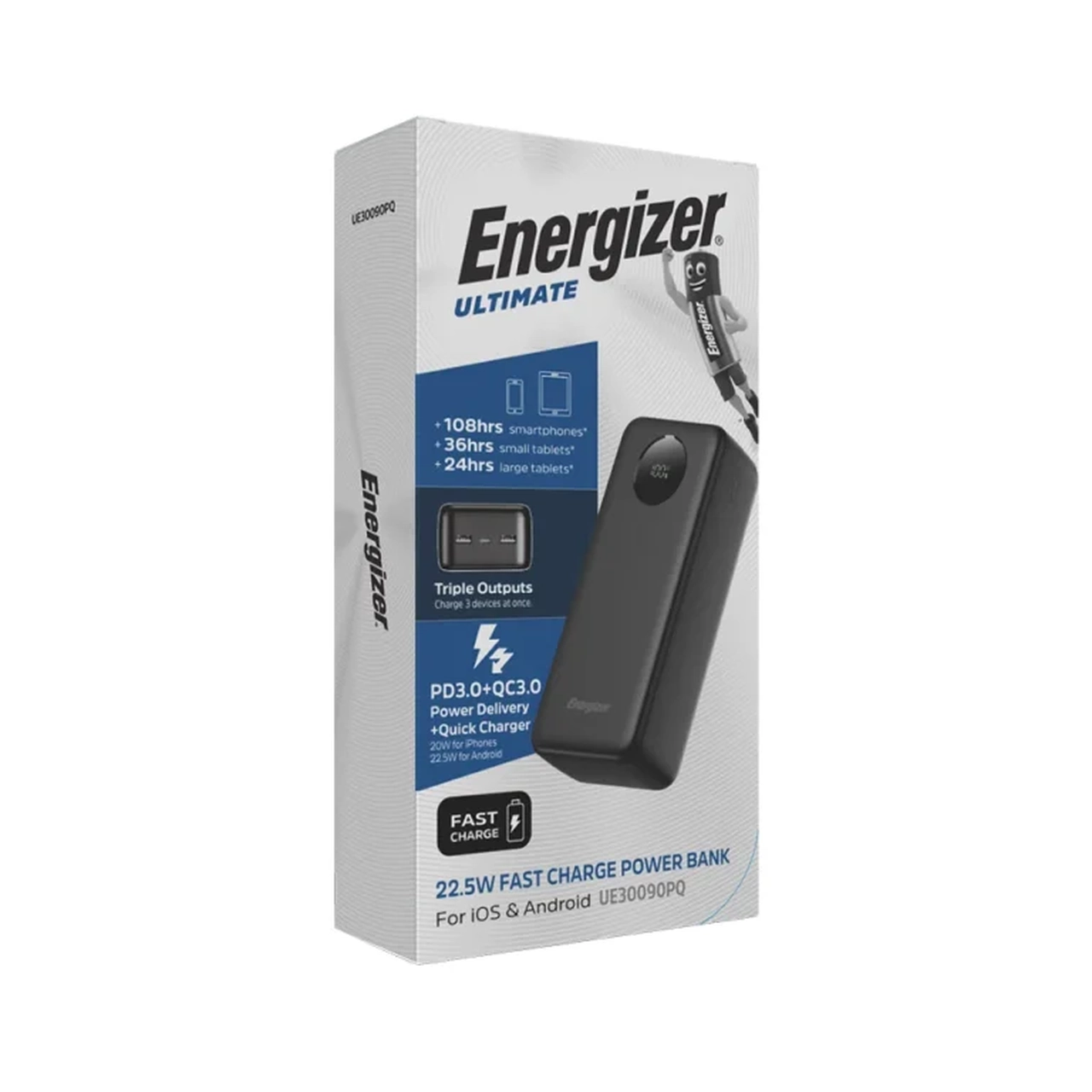 پاوربانک PD و فست شارژ Energizer 22.5W 30000mAh مدل UE30090PQ - مشکی